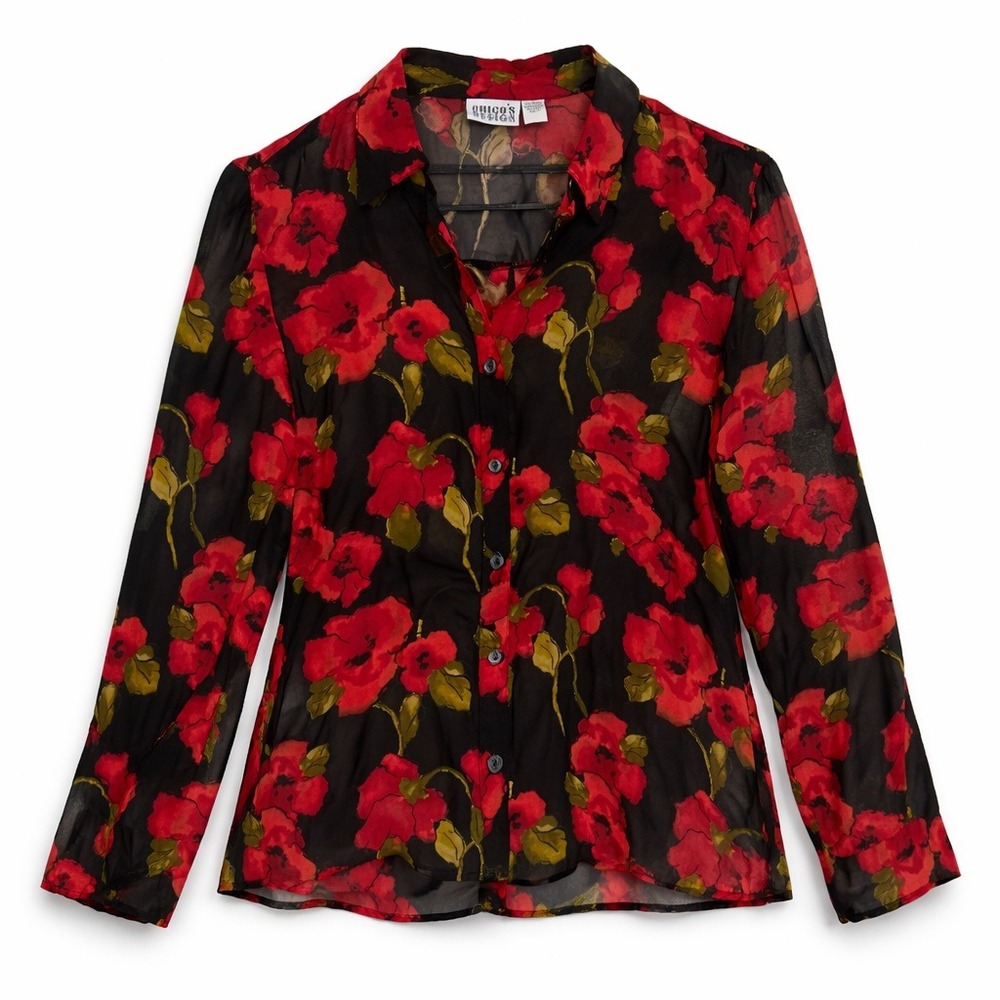 Chico's Sheer Red Poppy Floral Shirt Lightweight Boho Bohemian‎ Coquette Chiffon